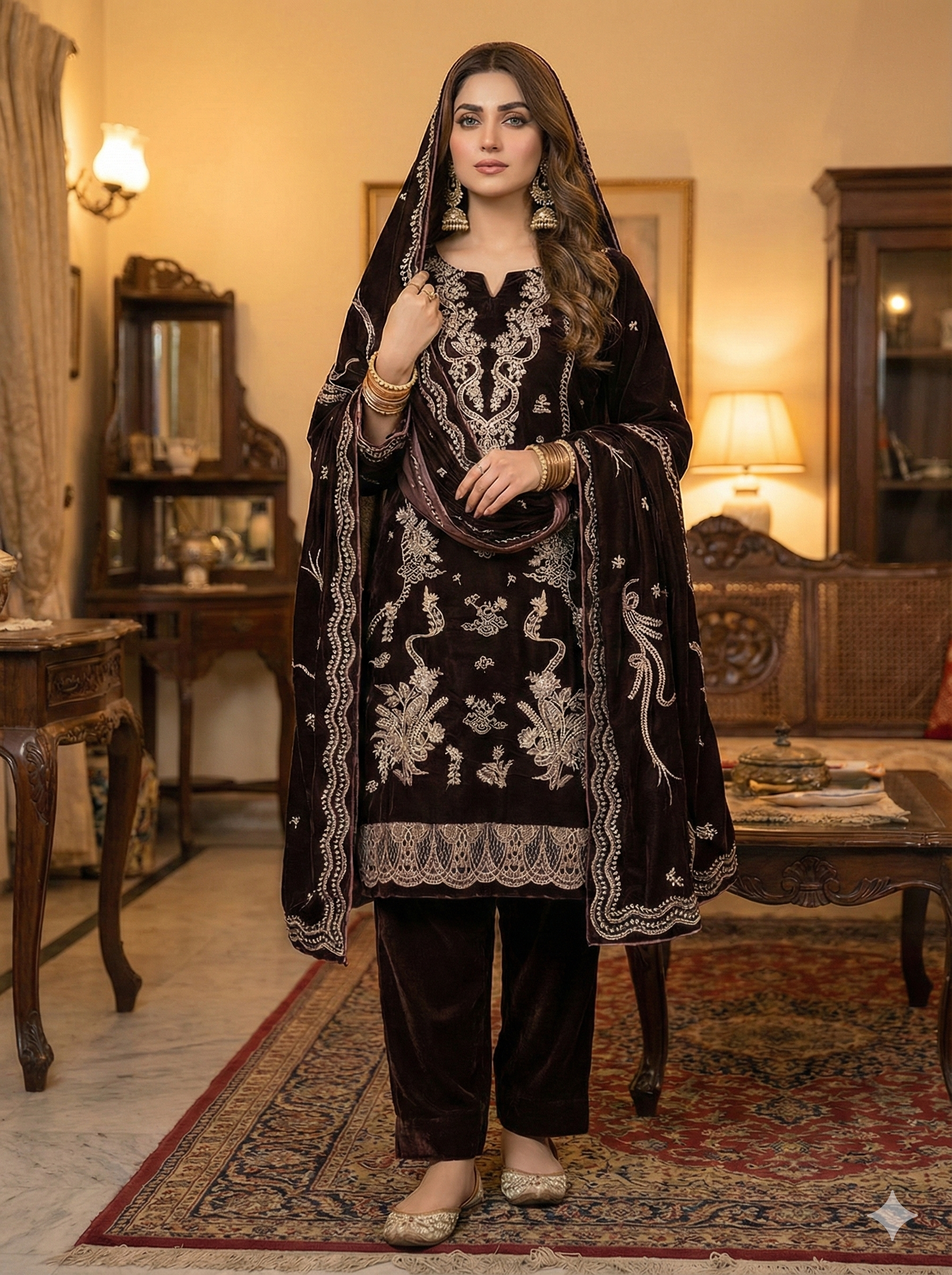 Embroidered Velvet 3 Pc Suit