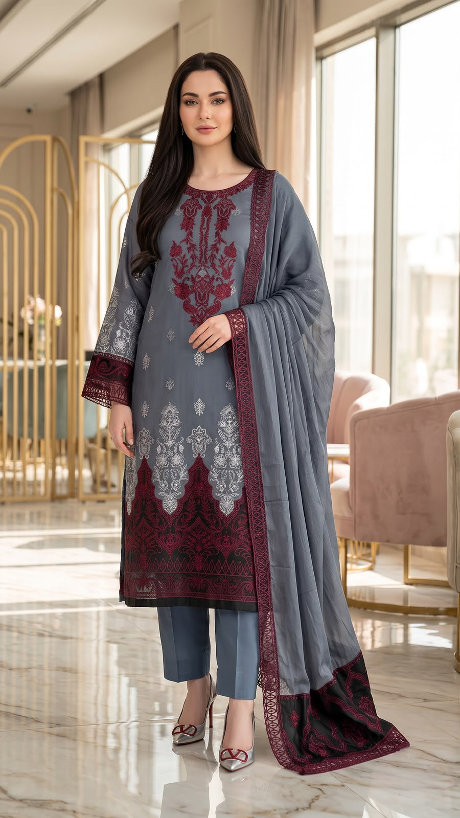 Embroidered Luxury Shamooz Silk Dress