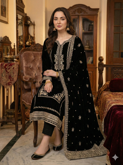 Embroidered Velvet 3pc Suit