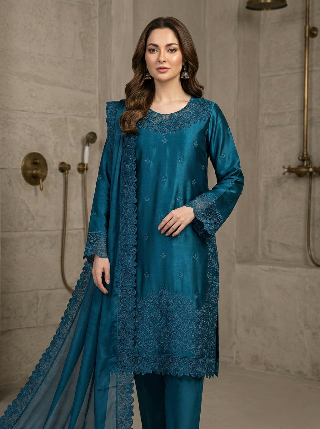 Embroidered Shamooz Silk Unstitched Suit