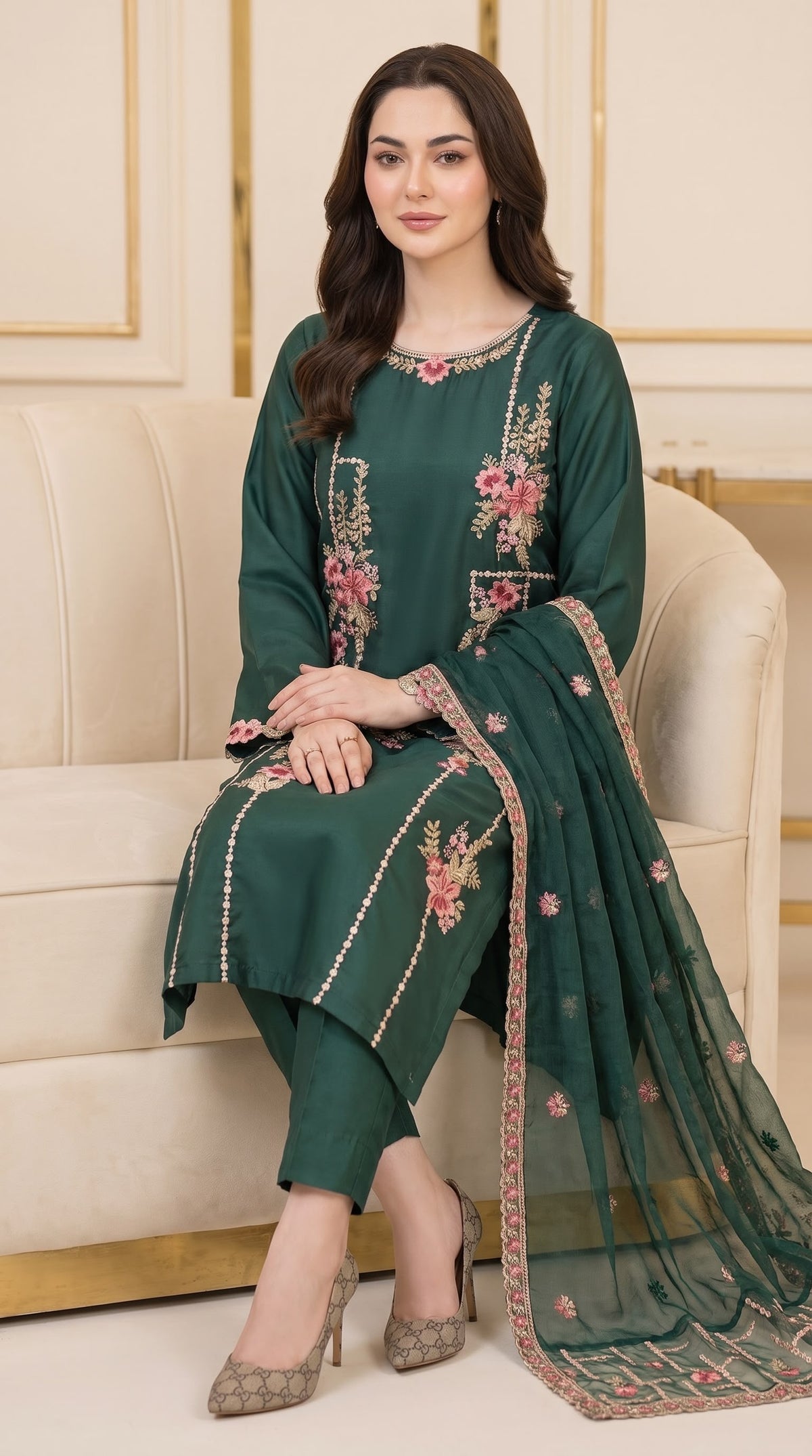 Embroidered Luxury Shamooz Silk Dress