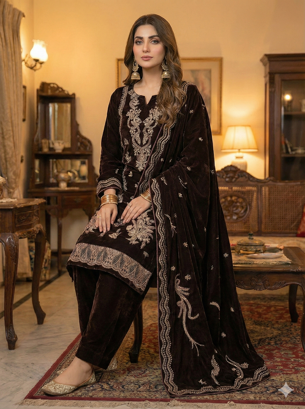 Embroidered Velvet 3 Pc Suit