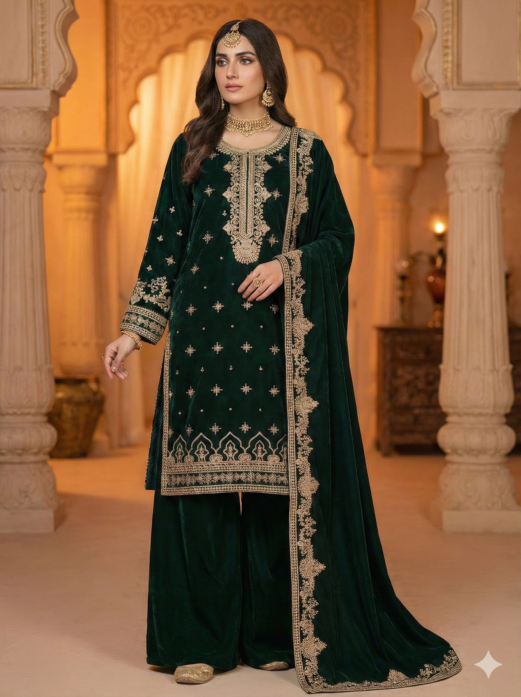 Embroidered Velvet 3 Pc Suit