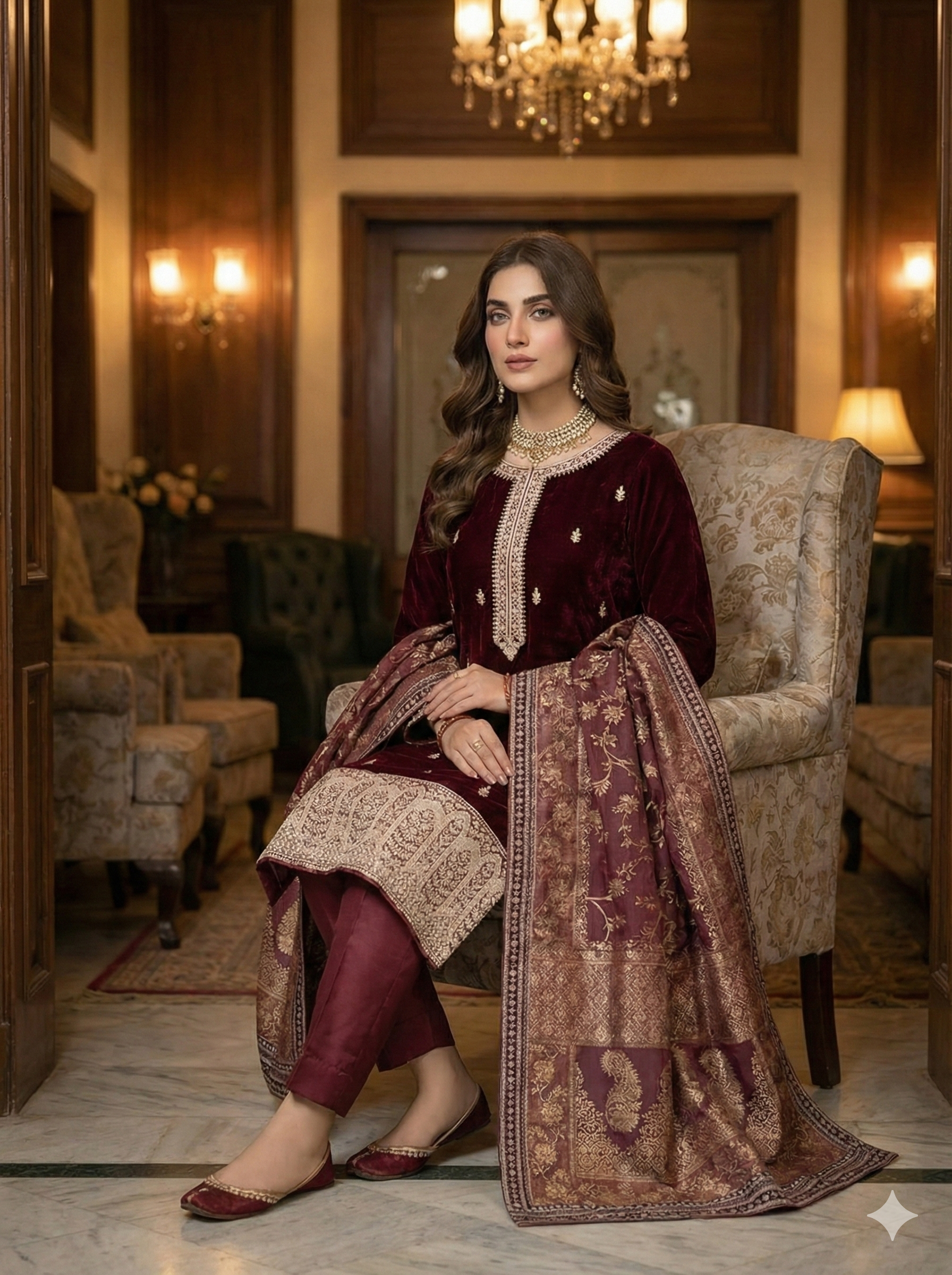 Embroidered Velvet 3Pc Suit