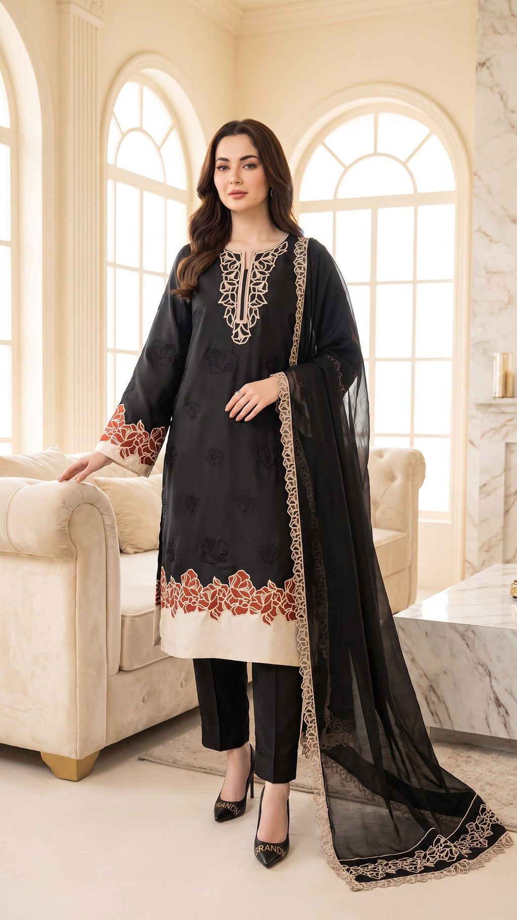 Embroidered Luxury Shamooz Silk Dress