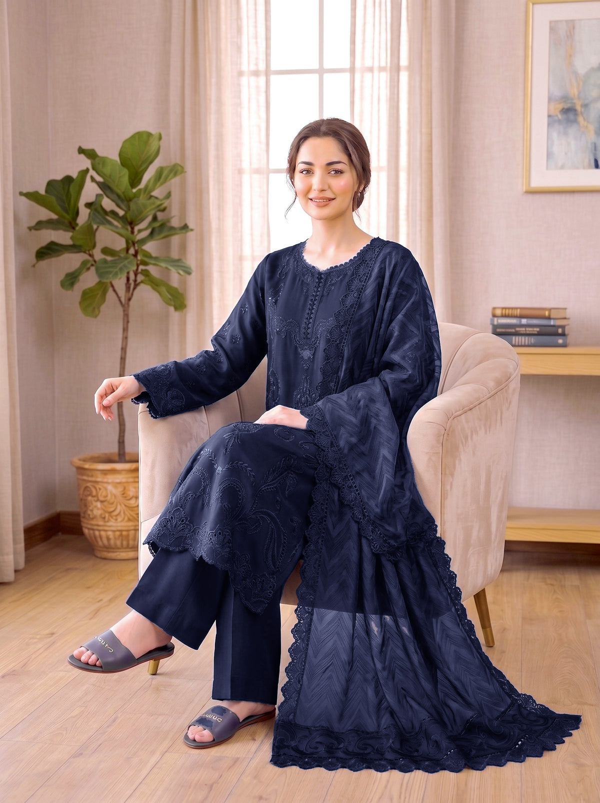 Embroidered Luxury Shamooz Silk Dress