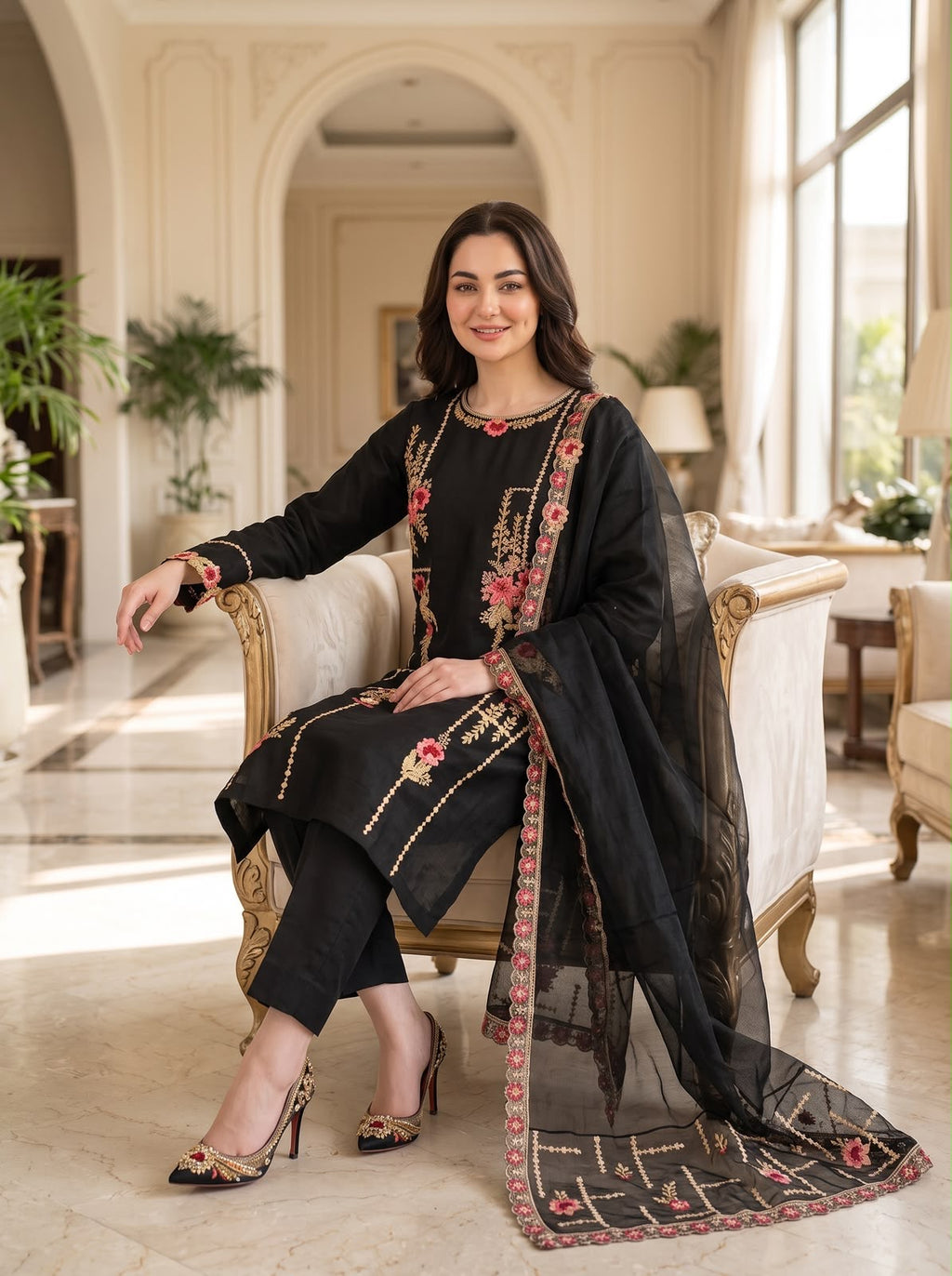 Embroidered Luxury Shamooz Silk Dress