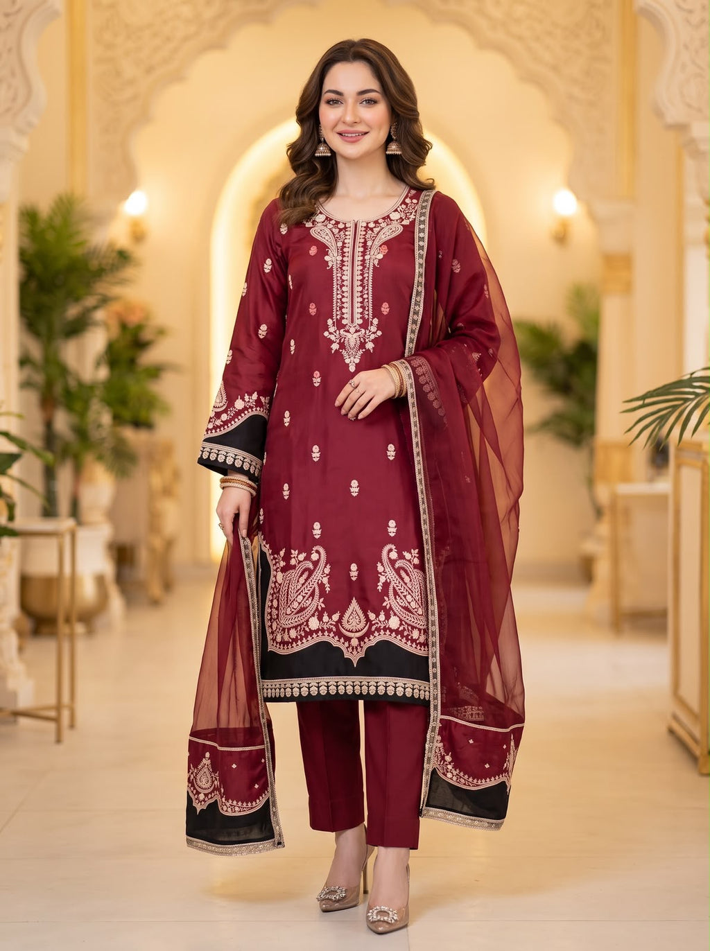 Embroidered Luxury Shamooz Silk Dress
