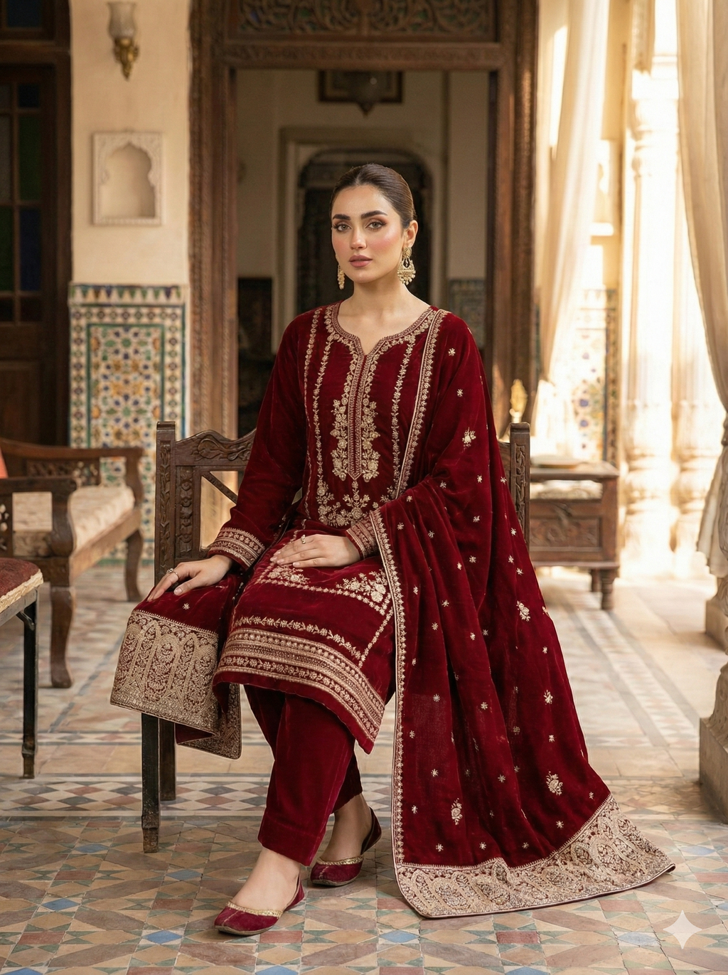 Embroidered Velvet 3Pc Suit