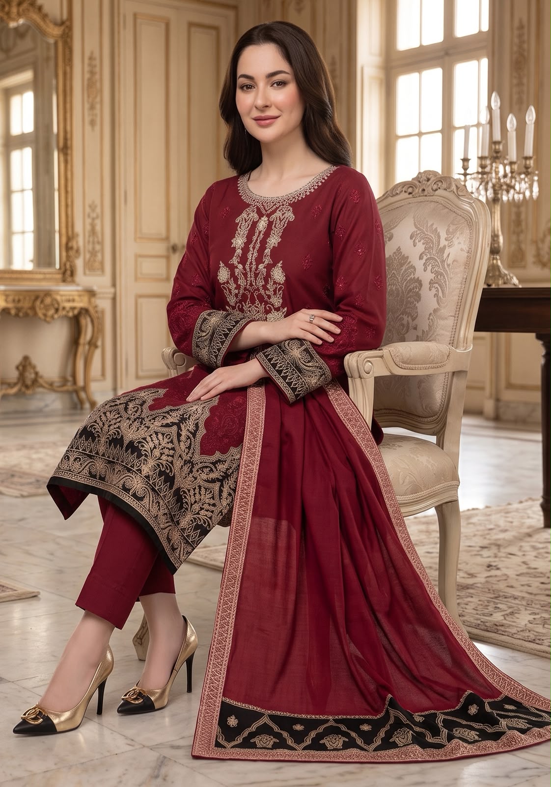 Embroidered Luxury Shamooz Silk Dress