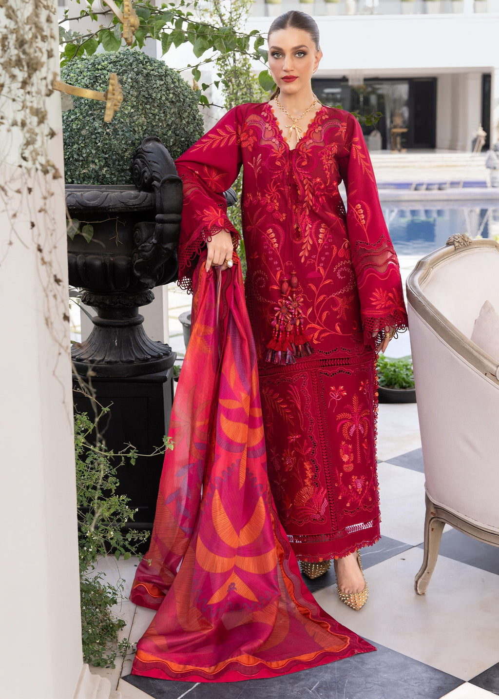 Crimson Embroidered Luxury Lawn