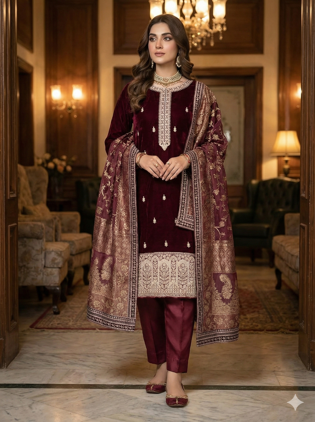 Embroidered Velvet 3Pc Suit