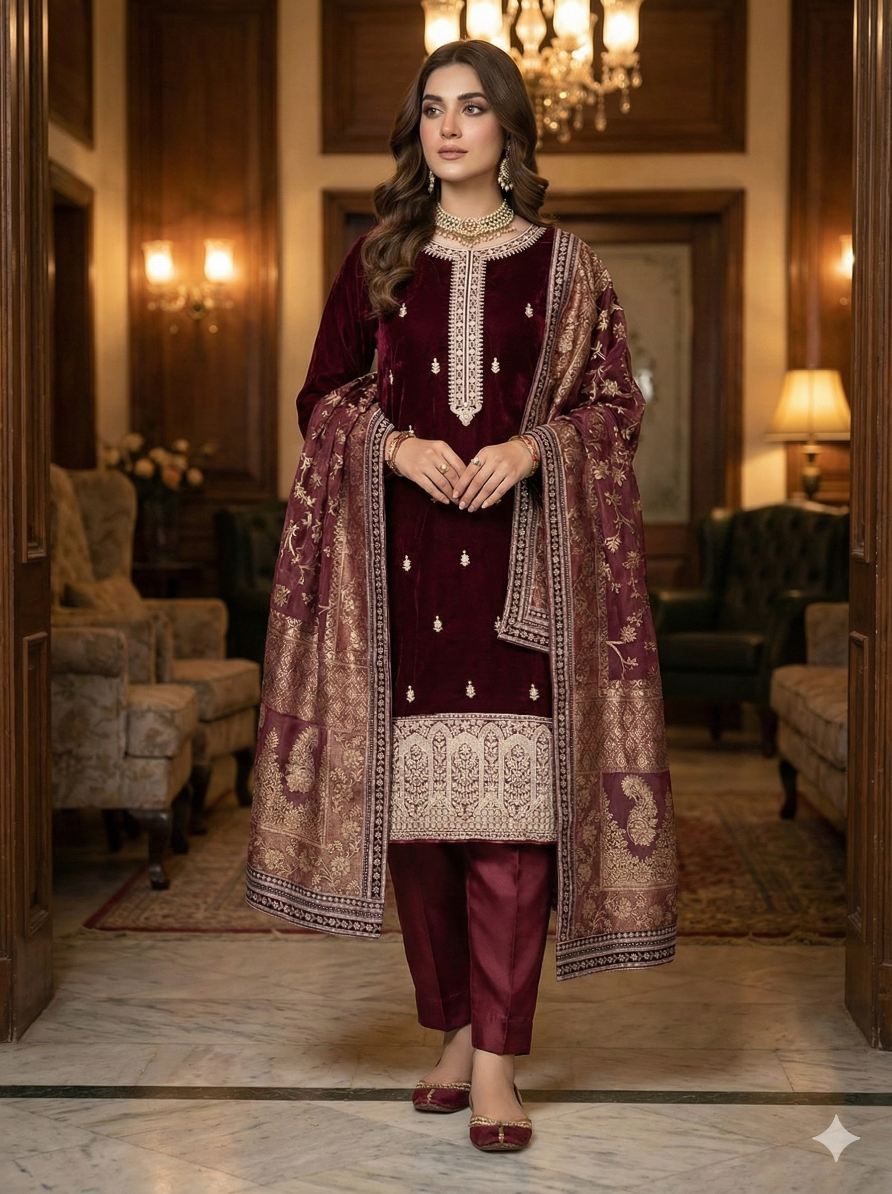 Embroidered Velvet 3Pc Suit