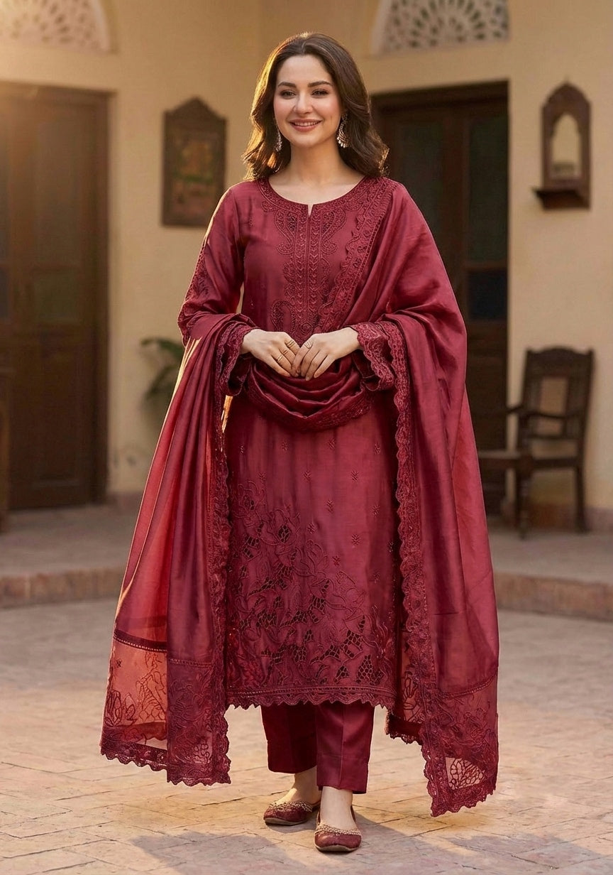 Embroidered Shamooz Silk Unstitched Suit
