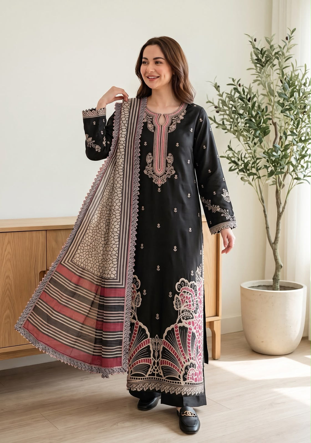 Embroidered Luxury Shamooz Silk Dress