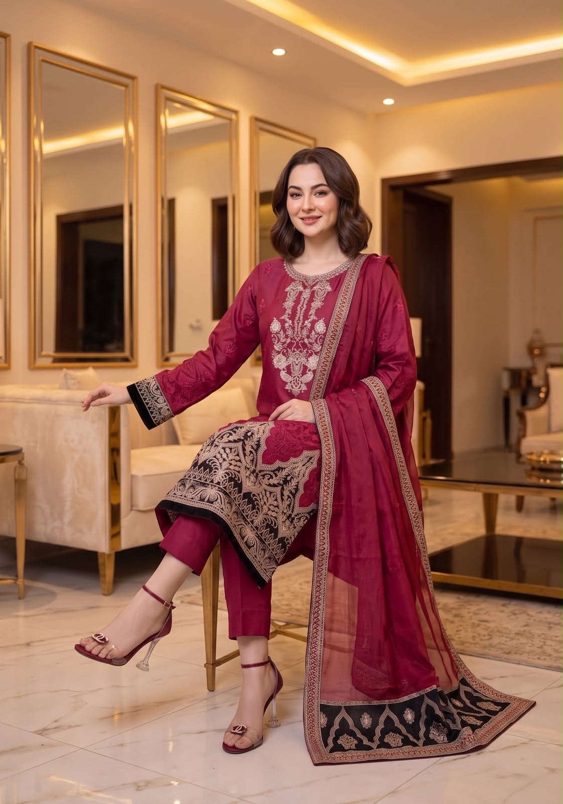 Embroidered Luxury Shamooz Silk Dress