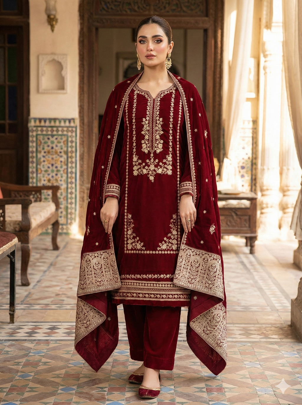 Embroidered Velvet 3Pc Suit