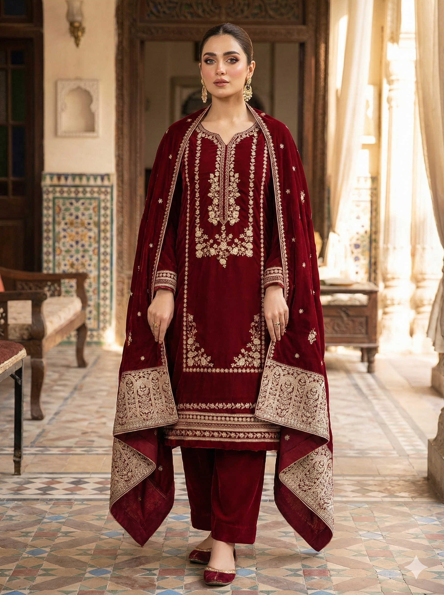 Embroidered Velvet 3Pc Suit