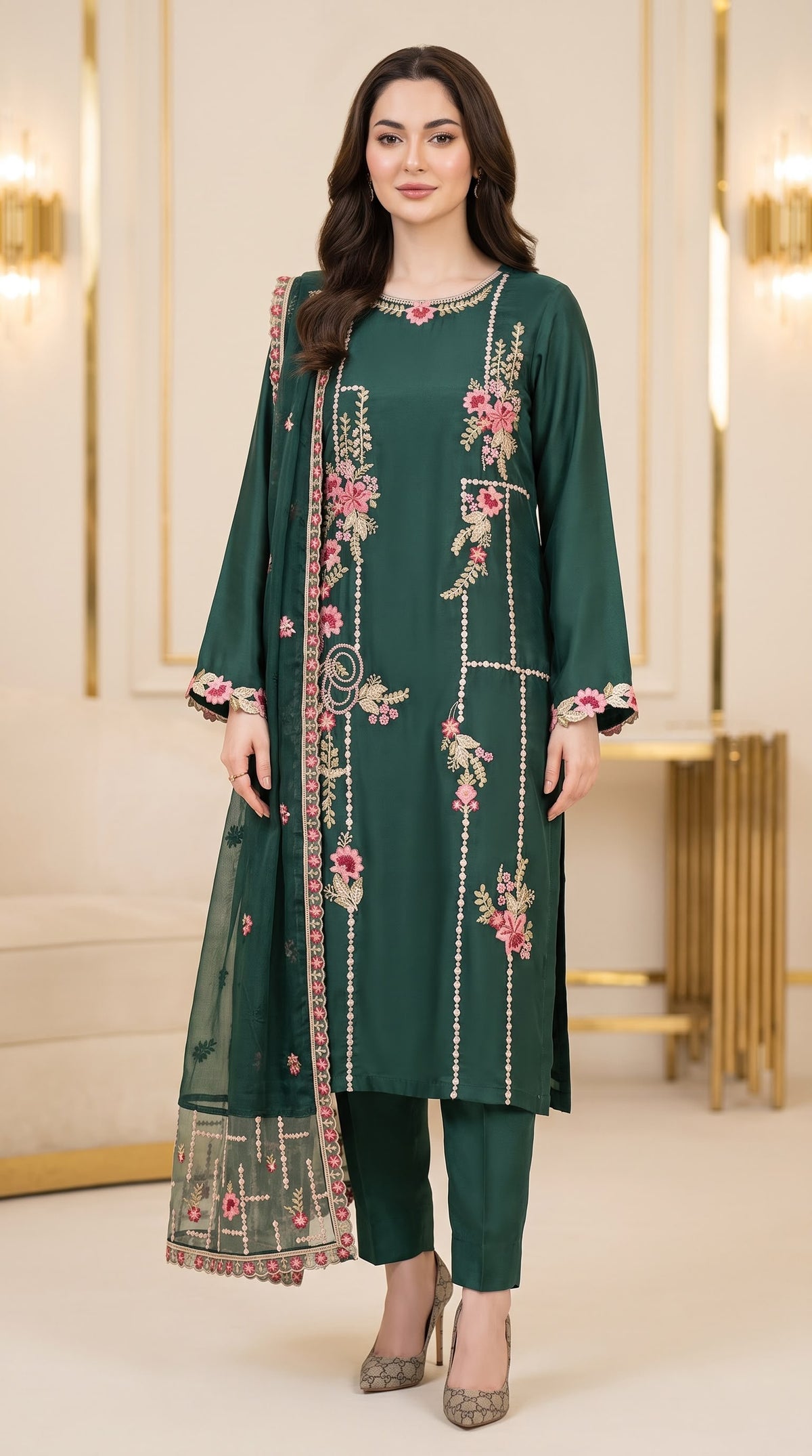 Embroidered Luxury Shamooz Silk Dress