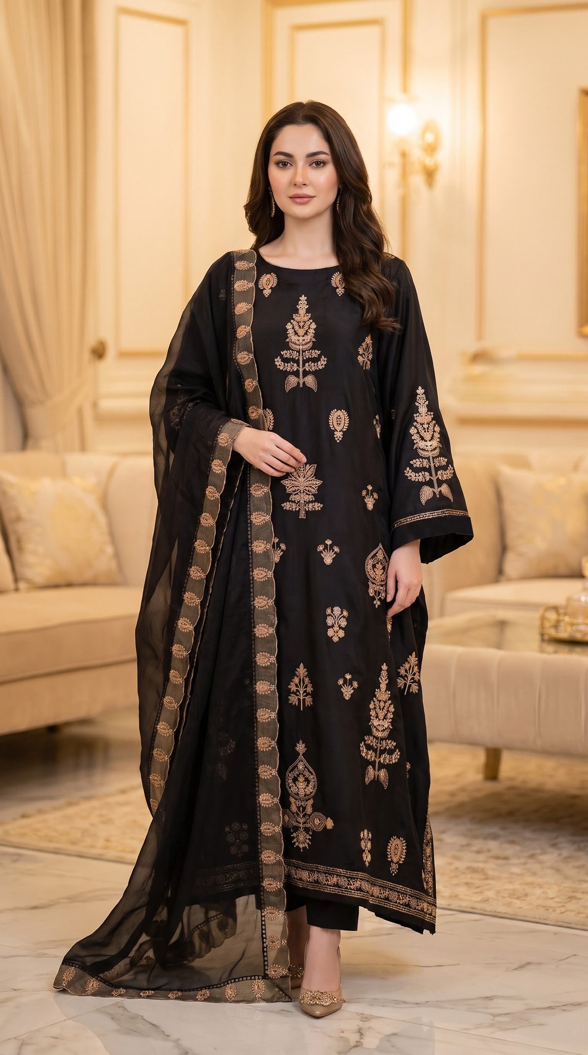 Embroidered Luxury Shamooz Silk Dress