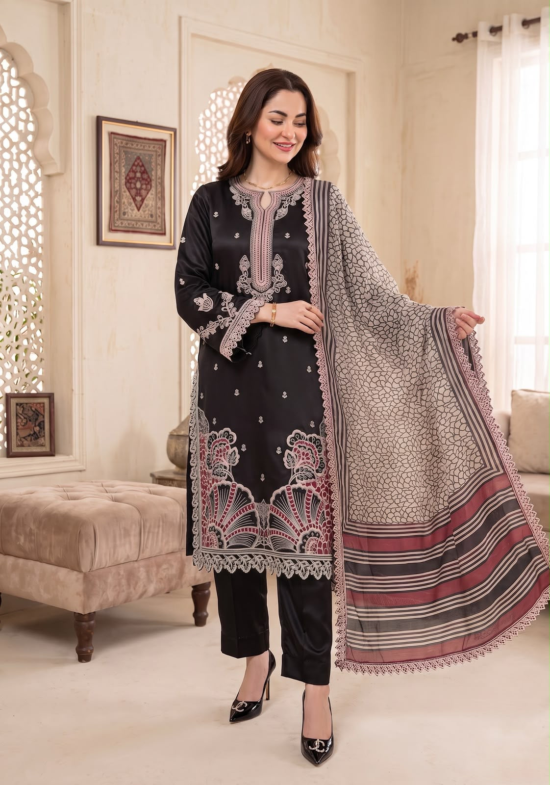 Embroidered Luxury Shamooz Silk Dress
