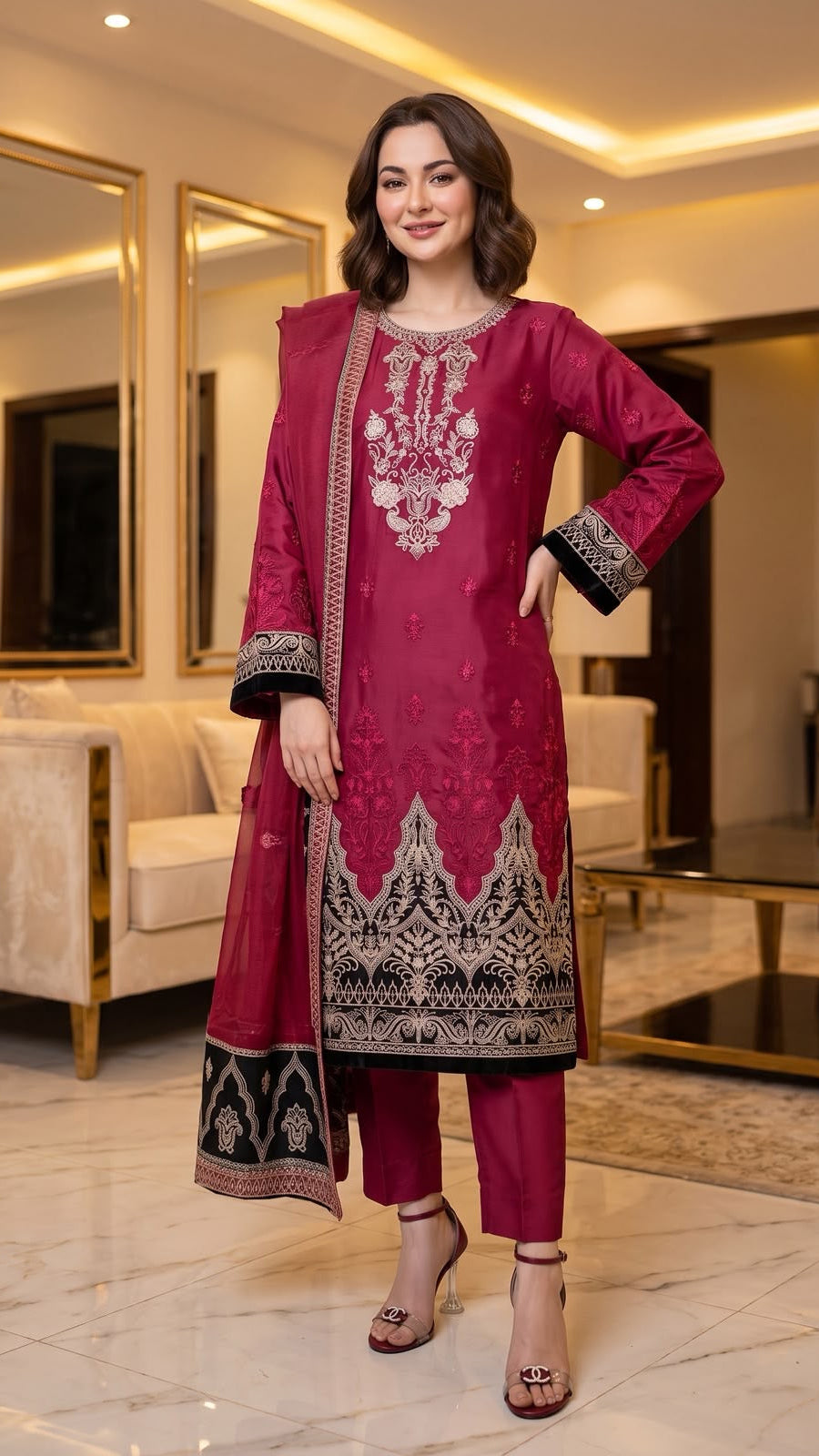 Embroidered Luxury Shamooz Silk Dress