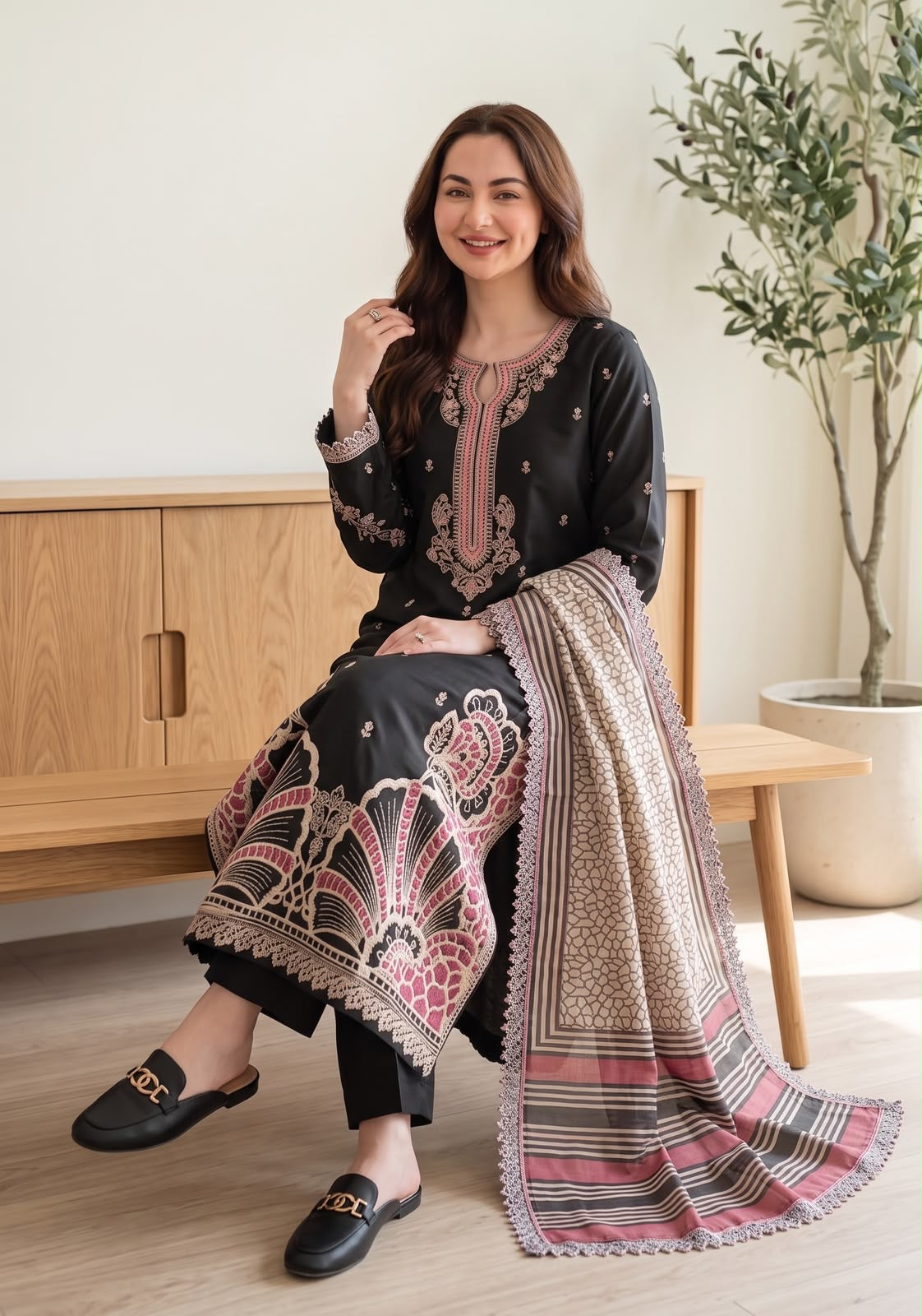 Embroidered Luxury Shamooz Silk Dress