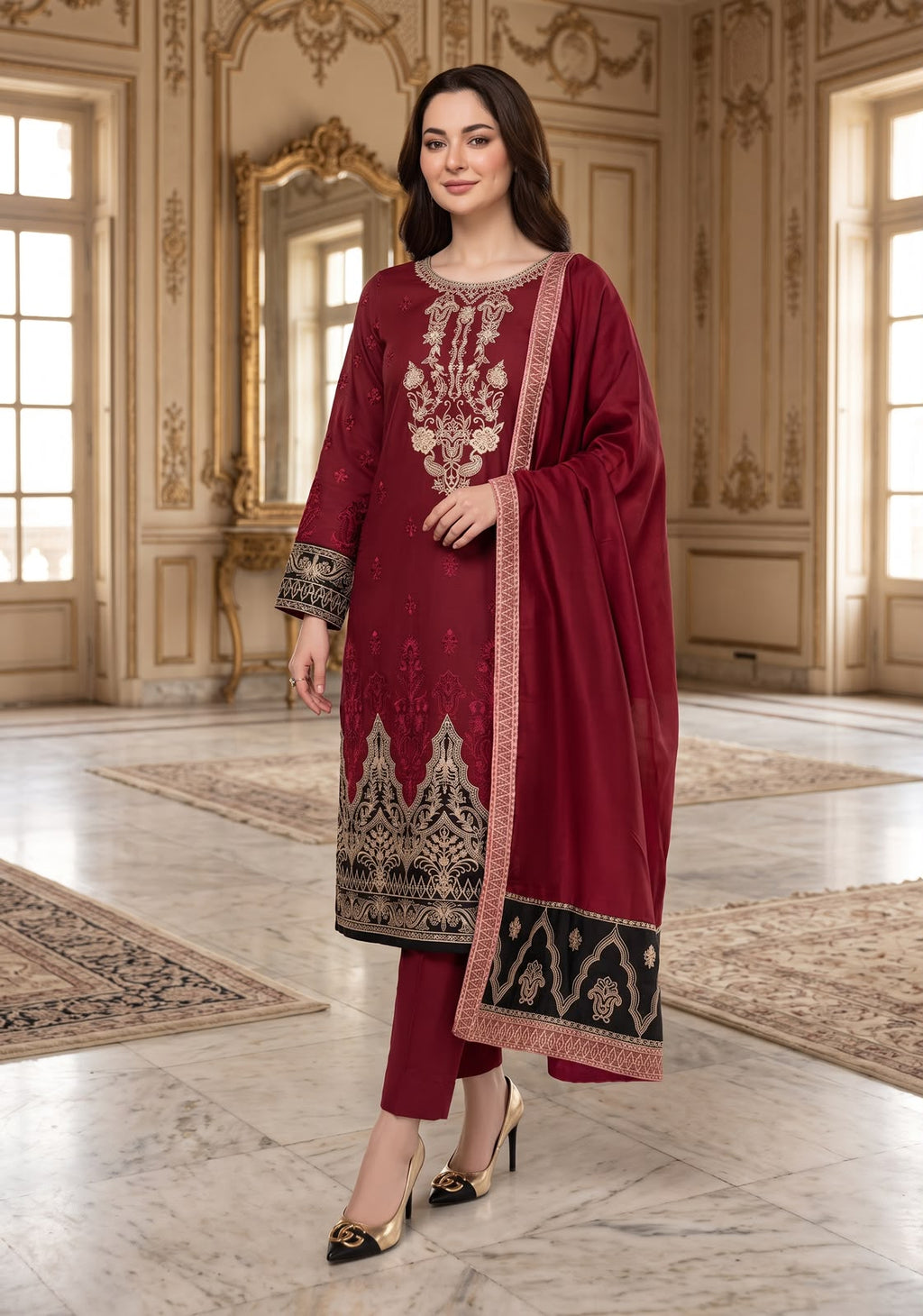 Embroidered Luxury Shamooz Silk Dress