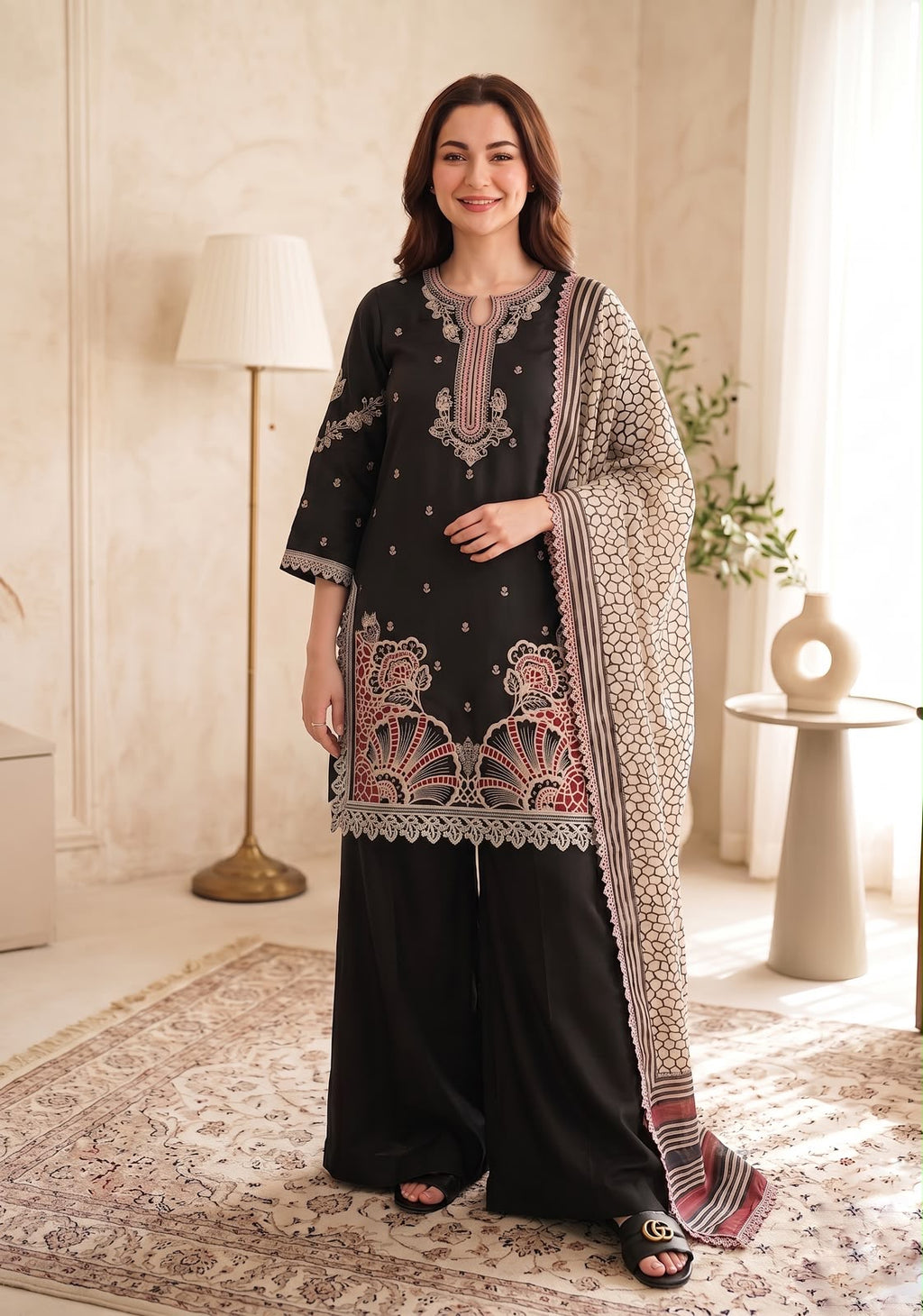 Embroidered Luxury Shamooz Silk Dress