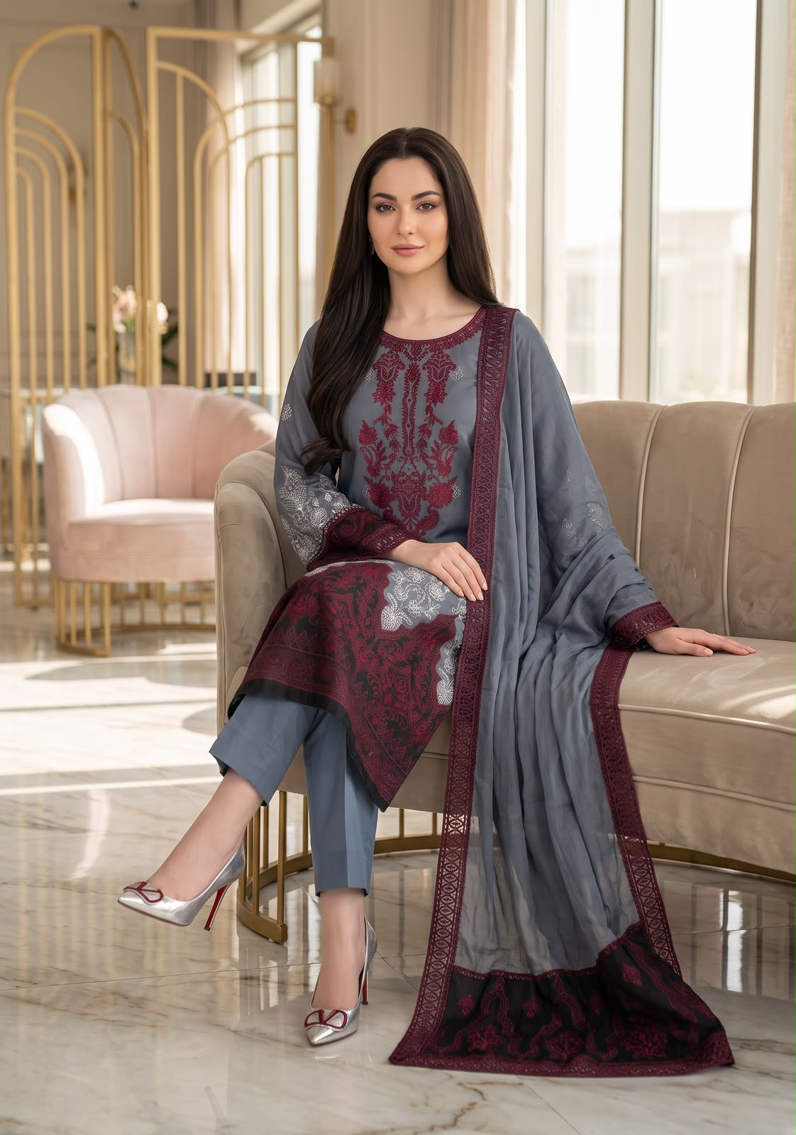 Embroidered Luxury Shamooz Silk Dress
