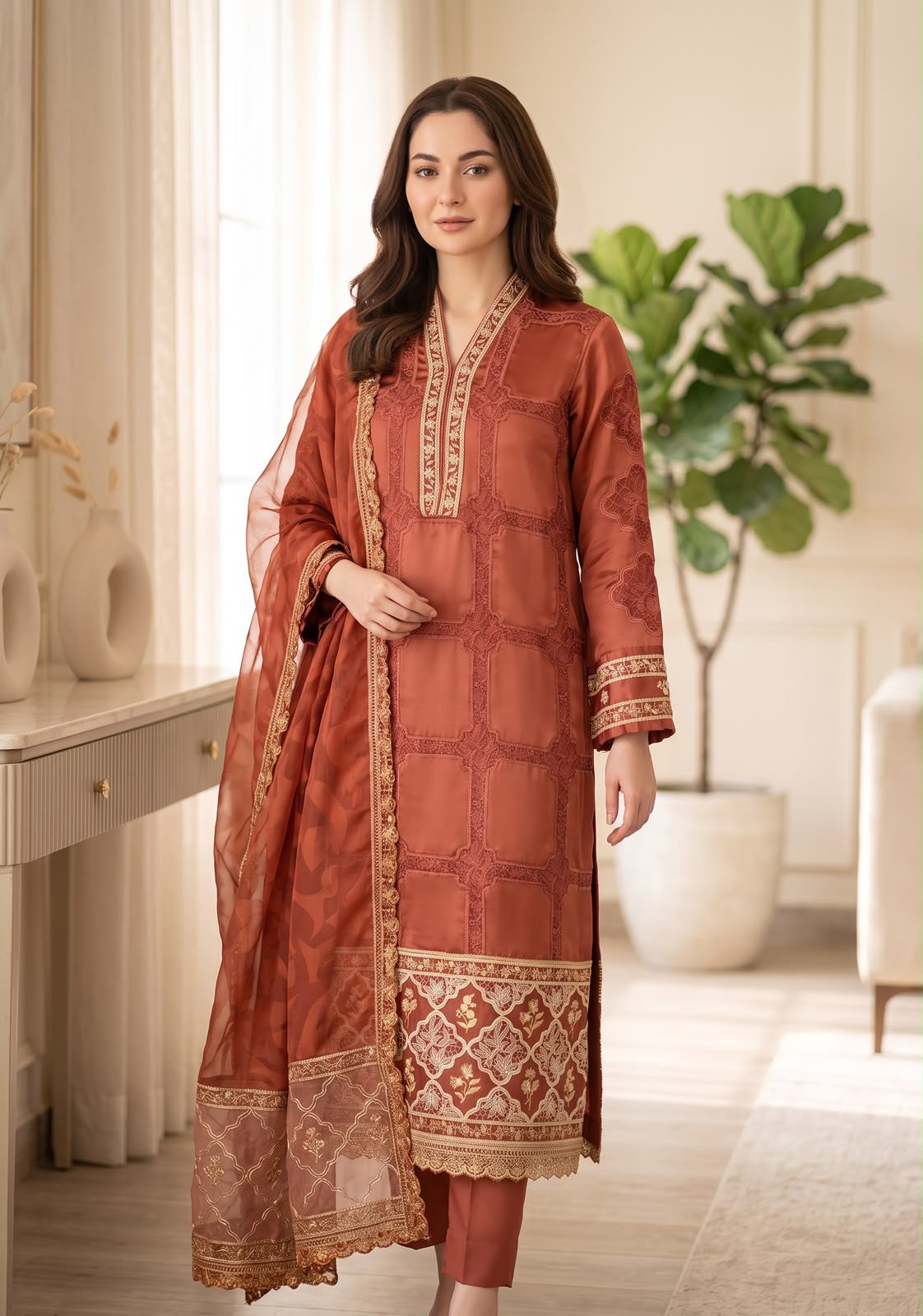 Embroidered Luxury Shamooz Silk Dress
