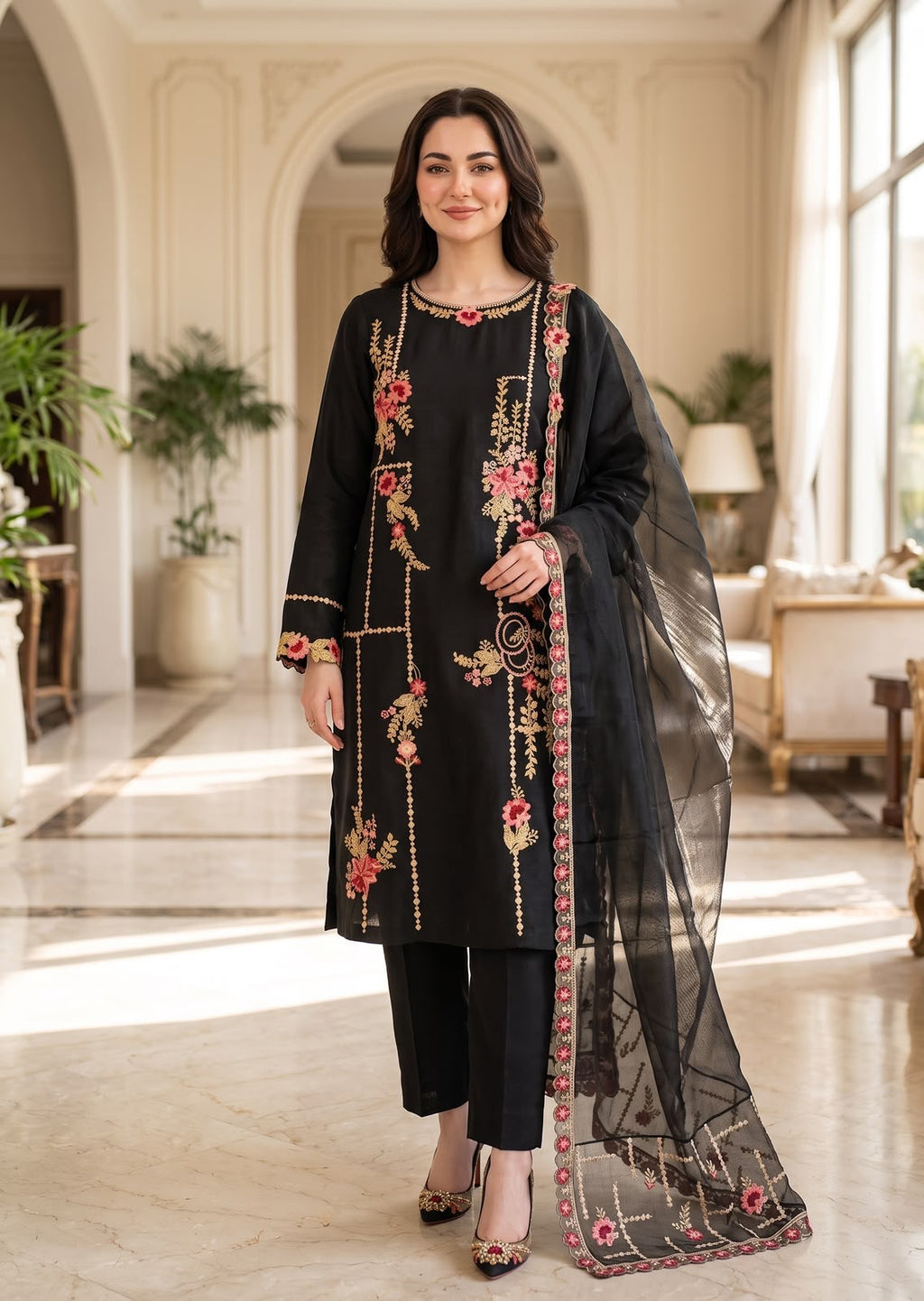 Embroidered Luxury Shamooz Silk Dress